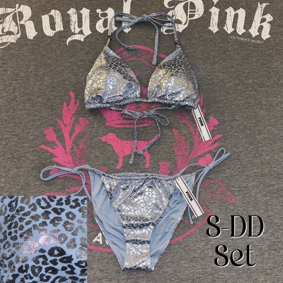 PINK Other - Victoria’s Secret PINK String Bikini Set Icy Blue Leopard Foil Metallic SM